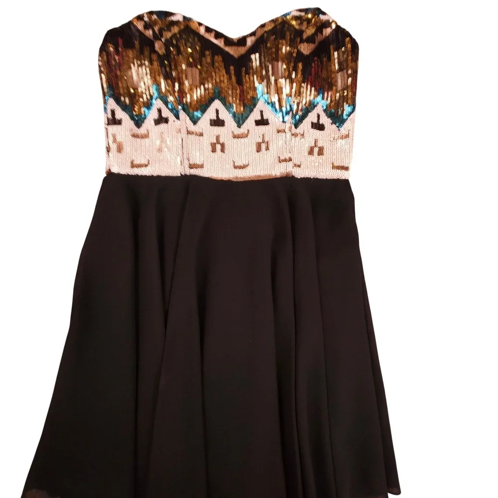GB Sequin Bodice Strapless Dress Womens Large Black Gold Geometric Mini Cocktail